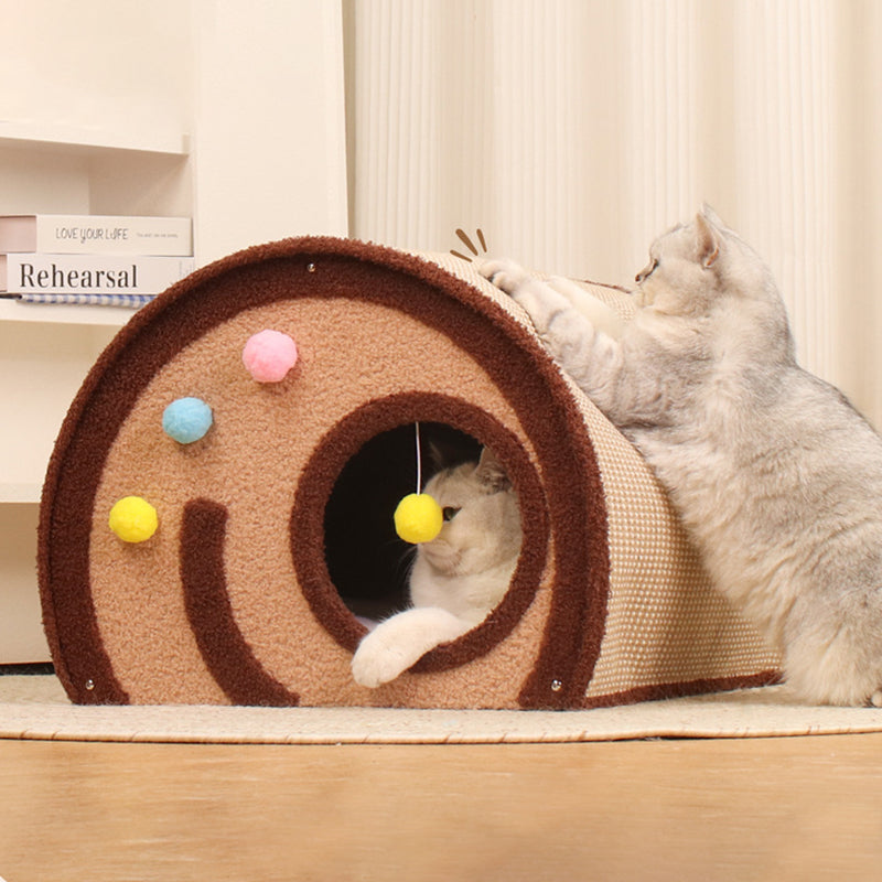 Contemporary Creative Round Multi-Layer Solid Wood Panel Jute Velvet Fabric Cake Roll-Shaped Cat Bed For Bedroom