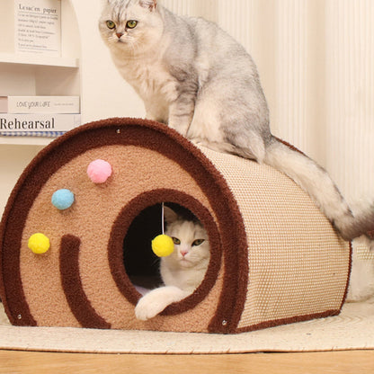 Contemporary Creative Round Multi-Layer Solid Wood Panel Jute Velvet Fabric Cake Roll-Shaped Cat Bed For Bedroom