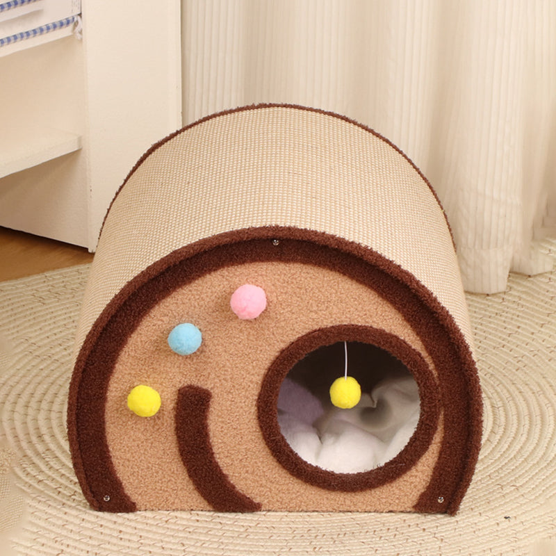 Contemporary Creative Round Multi-Layer Solid Wood Panel Jute Velvet Fabric Cake Roll-Shaped Cat Bed For Bedroom