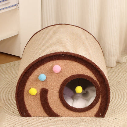 Contemporary Creative Round Multi-Layer Solid Wood Panel Jute Velvet Fabric Cake Roll-Shaped Cat Bed For Bedroom
