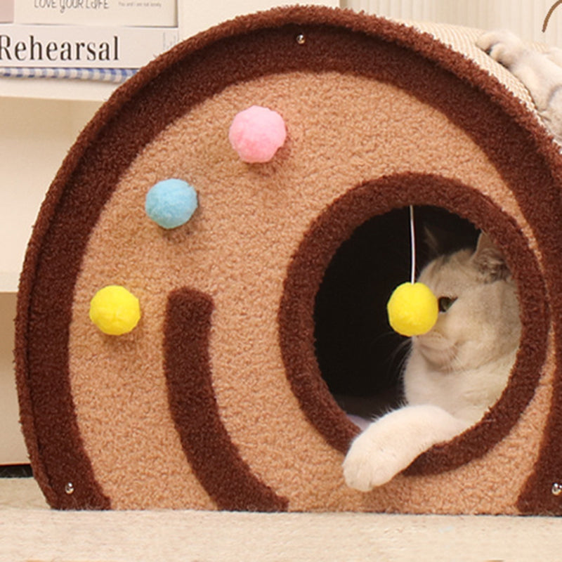Contemporary Creative Round Multi-Layer Solid Wood Panel Jute Velvet Fabric Cake Roll-Shaped Cat Bed For Bedroom