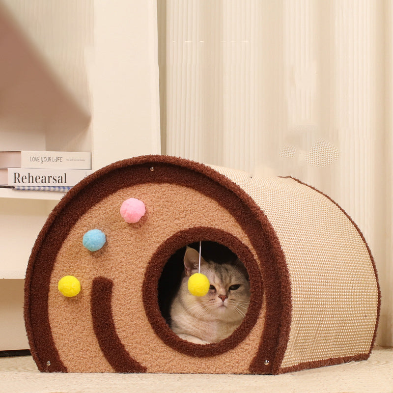 Contemporary Creative Round Multi-Layer Solid Wood Panel Jute Velvet Fabric Cake Roll-Shaped Cat Bed For Bedroom