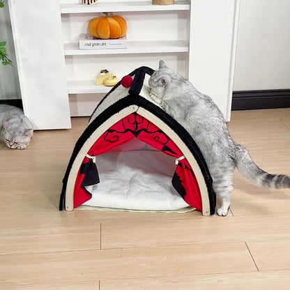 Contemporary Creative Triangle Multi-Layer Solid Wood Panel Velvet Fabric Sisal Halloween Cat Bed For Bedroom
