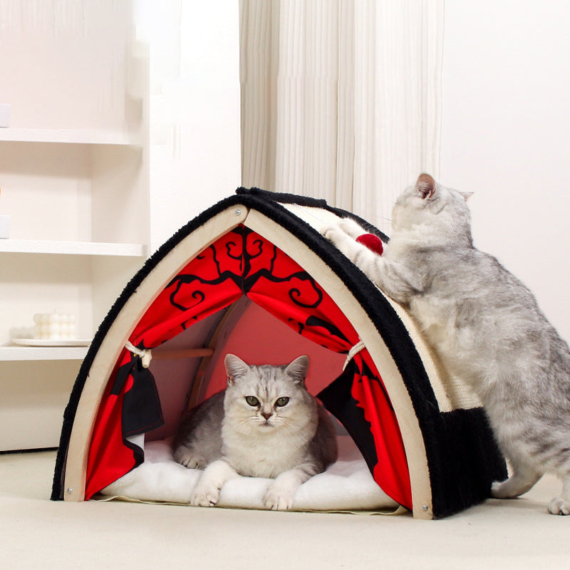 Contemporary Creative Triangle Multi-Layer Solid Wood Panel Velvet Fabric Sisal Halloween Cat Bed For Bedroom