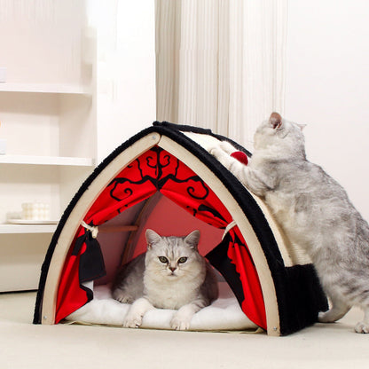 Contemporary Creative Triangle Multi-Layer Solid Wood Panel Velvet Fabric Sisal Halloween Cat Bed For Bedroom