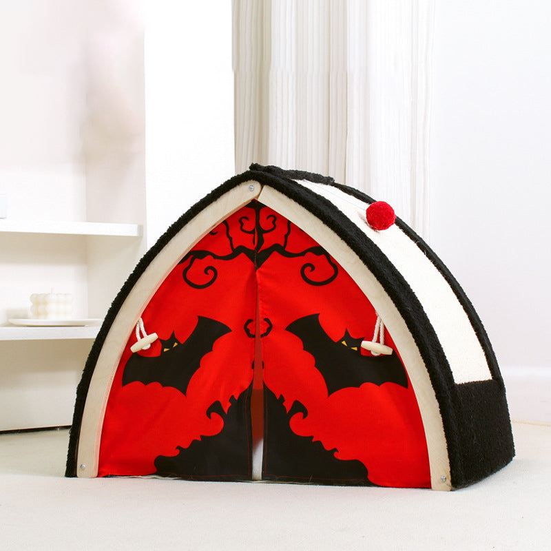 Contemporary Creative Triangle Multi-Layer Solid Wood Panel Velvet Fabric Sisal Halloween Cat Bed For Bedroom
