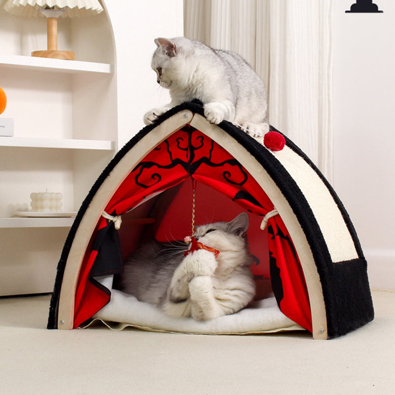 Contemporary Creative Triangle Multi-Layer Solid Wood Panel Velvet Fabric Sisal Halloween Cat Bed For Bedroom