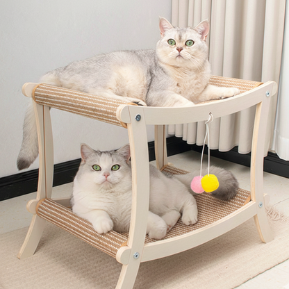 Contemporary Scandinavian Rectangular Multi-Layer Solid Wood Panel Jute Double-Layer Cat Bed For Bedroom