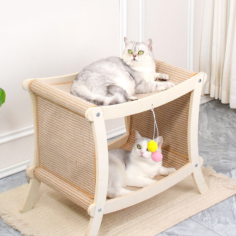 Contemporary Scandinavian Rectangular Multi-Layer Solid Wood Panel Jute Double-Layer Cat Bed For Bedroom