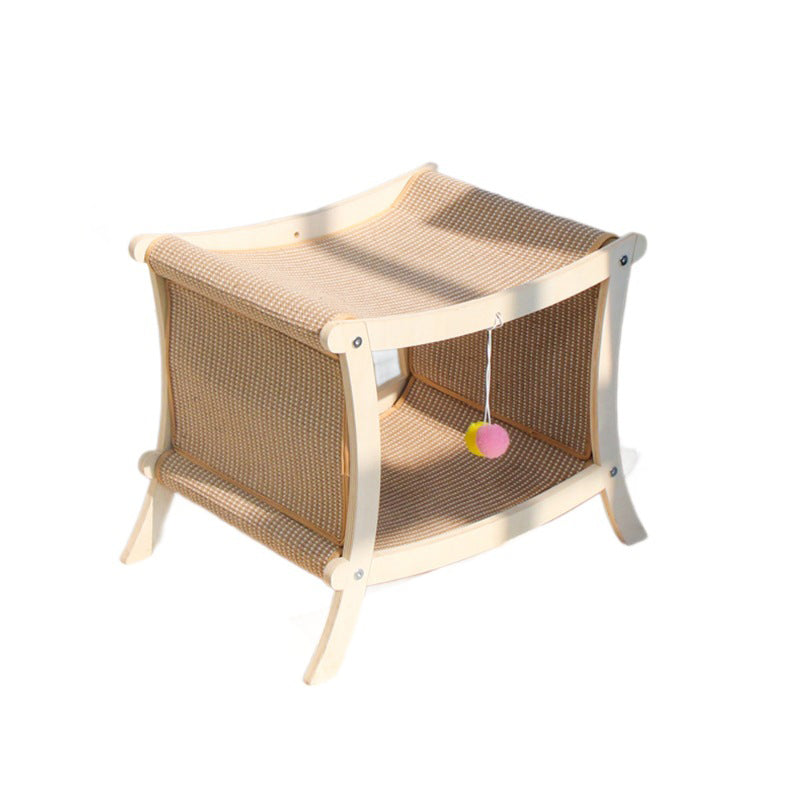 Contemporary Scandinavian Rectangular Multi-Layer Solid Wood Panel Jute Double-Layer Cat Bed For Bedroom