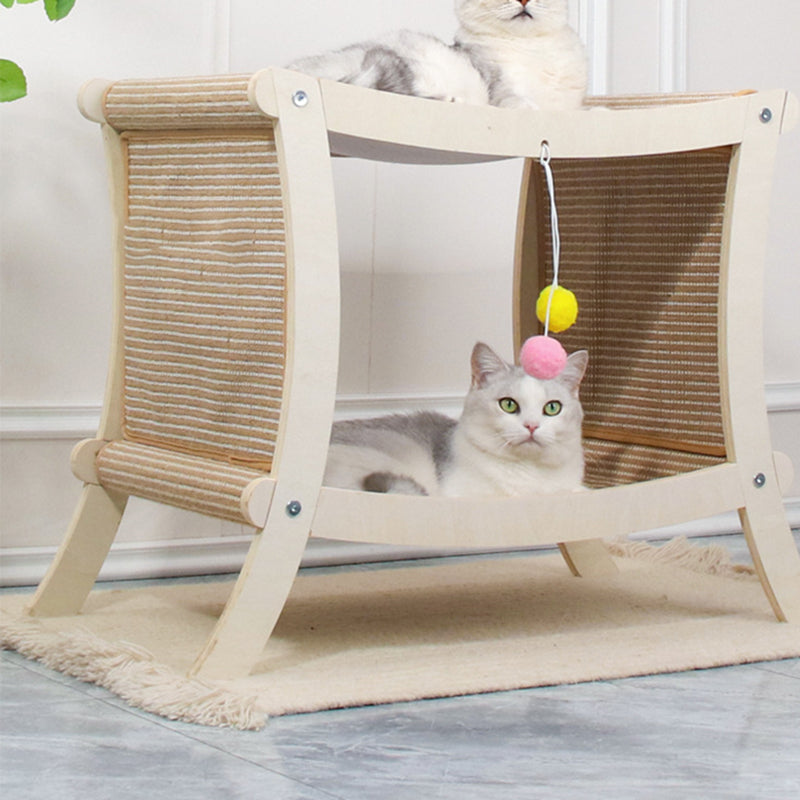 Contemporary Scandinavian Rectangular Multi-Layer Solid Wood Panel Jute Double-Layer Cat Bed For Bedroom