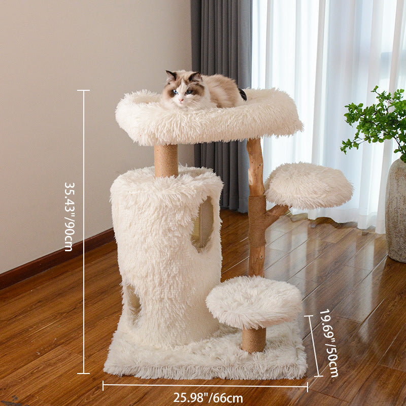 Contemporary Scandinavian Round Natural Fruit Wood Particle Board Velvet Fabric Jute Cat Tree 3-Tier For Living Room