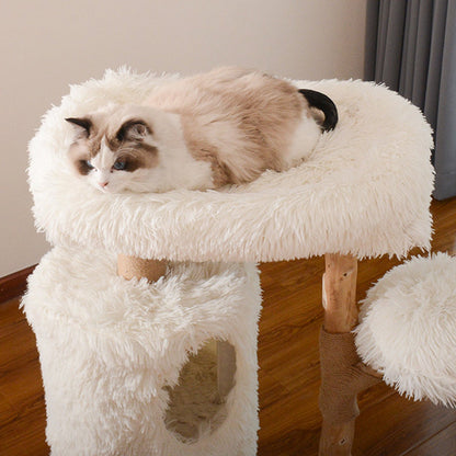 Contemporary Scandinavian Round Natural Fruit Wood Particle Board Velvet Fabric Jute Cat Tree 3-Tier For Living Room