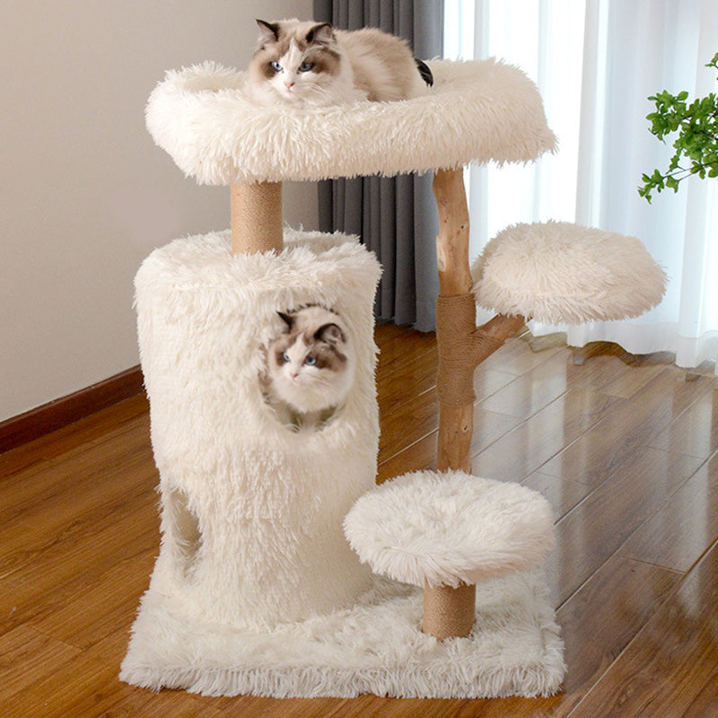 Contemporary Scandinavian Round Natural Fruit Wood Particle Board Velvet Fabric Jute Cat Tree 3-Tier For Living Room