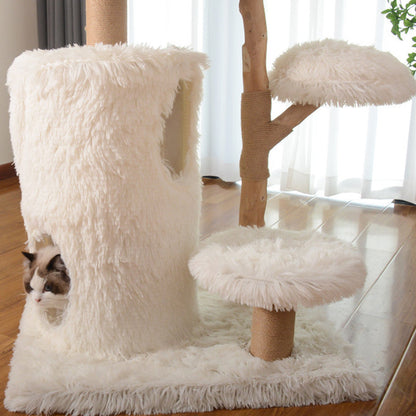 Contemporary Scandinavian Round Natural Fruit Wood Particle Board Velvet Fabric Jute Cat Tree 3-Tier For Living Room