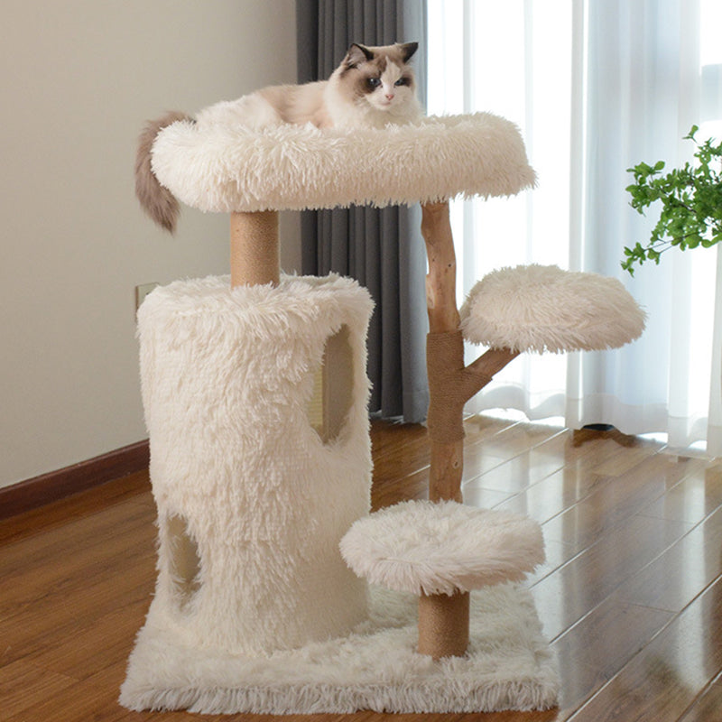 Contemporary Scandinavian Round Natural Fruit Wood Particle Board Velvet Fabric Jute Cat Tree 3-Tier For Living Room