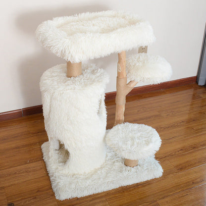 Contemporary Scandinavian Round Natural Fruit Wood Particle Board Velvet Fabric Jute Cat Tree 3-Tier For Living Room