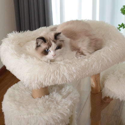 Contemporary Scandinavian Round Natural Fruit Wood Particle Board Velvet Fabric Jute Cat Tree 3-Tier For Living Room