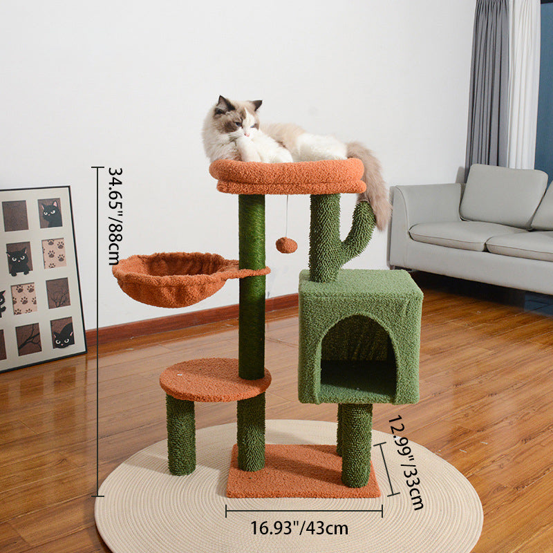 Contemporary Creative Square Particle Board Velvet Fabric Green Jute Cactus Cat Tree 3-Tier For Living Room