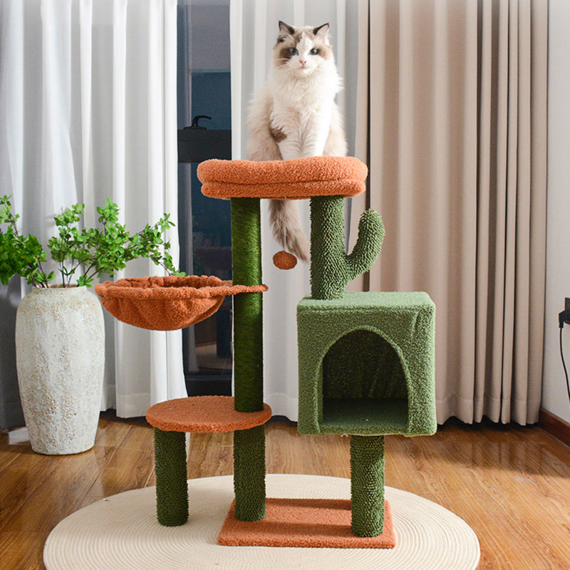 Contemporary Creative Square Particle Board Velvet Fabric Green Jute Cactus Cat Tree 3-Tier For Living Room