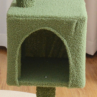 Contemporary Creative Square Particle Board Velvet Fabric Green Jute Cactus Cat Tree 3-Tier For Living Room
