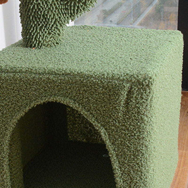 Contemporary Creative Square Particle Board Velvet Fabric Green Jute Cactus Cat Tree 3-Tier For Living Room