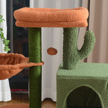 Contemporary Creative Square Particle Board Velvet Fabric Green Jute Cactus Cat Tree 3-Tier For Living Room