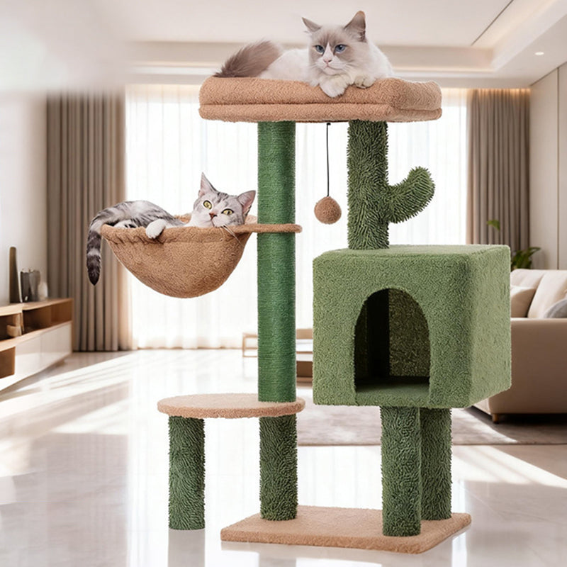 Contemporary Creative Square Particle Board Velvet Fabric Green Jute Cactus Cat Tree 3-Tier For Living Room