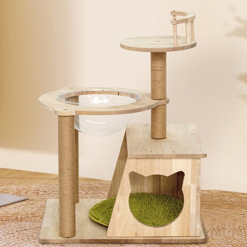 Contemporary Scandinavian Rectangular Rubberwood Solid Wood Acrylic Jute Rope Cat Tree 3-Tier For Living Room