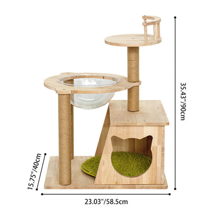 Contemporary Scandinavian Rectangular Rubberwood Solid Wood Acrylic Jute Rope Cat Tree 3-Tier For Living Room
