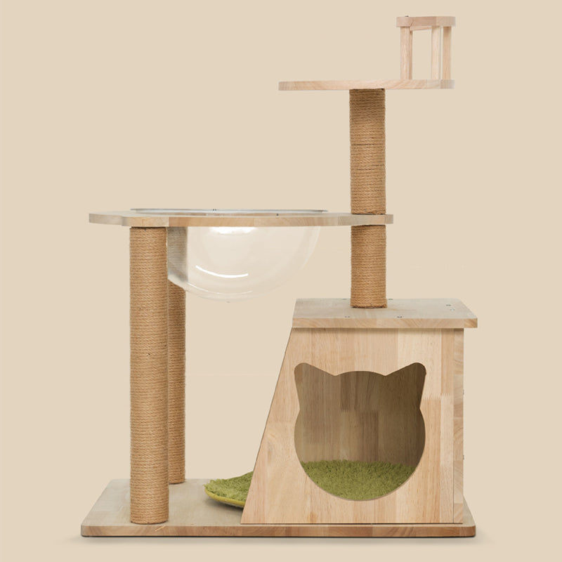 Contemporary Scandinavian Rectangular Rubberwood Solid Wood Acrylic Jute Rope Cat Tree 3-Tier For Living Room