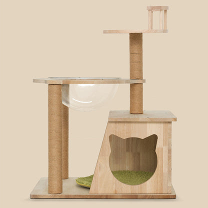 Contemporary Scandinavian Rectangular Rubberwood Solid Wood Acrylic Jute Rope Cat Tree 3-Tier For Living Room