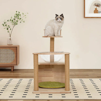Contemporary Scandinavian Rectangular Rubberwood Solid Wood Acrylic Jute Rope Cat Tree 3-Tier For Living Room