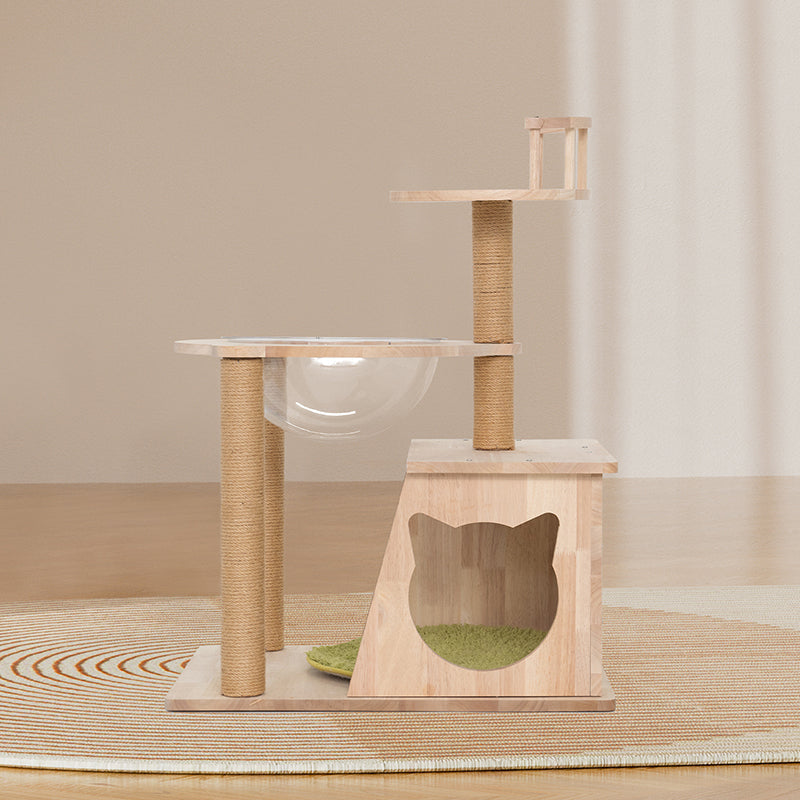 Contemporary Scandinavian Rectangular Rubberwood Solid Wood Acrylic Jute Rope Cat Tree 3-Tier For Living Room