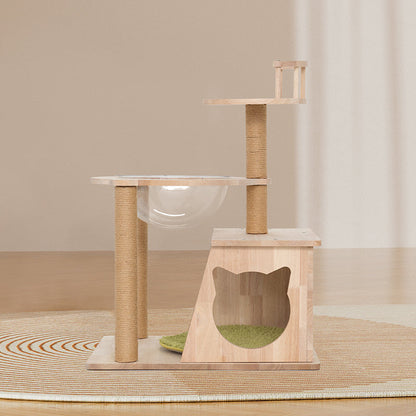 Contemporary Scandinavian Rectangular Rubberwood Solid Wood Acrylic Jute Rope Cat Tree 3-Tier For Living Room