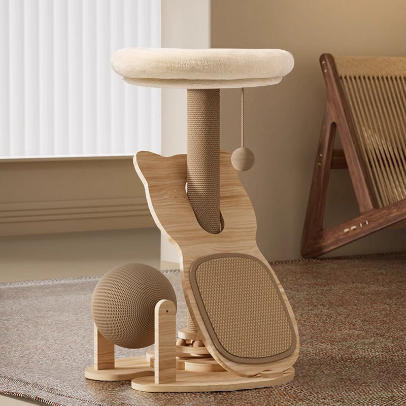 Contemporary Scandinavian Round Multi-Layer Solid Wood Panel Sisal Velvet Fabric Cat Tree For Living Room