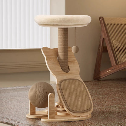Contemporary Scandinavian Round Multi-Layer Solid Wood Panel Sisal Velvet Fabric Cat Tree For Living Room