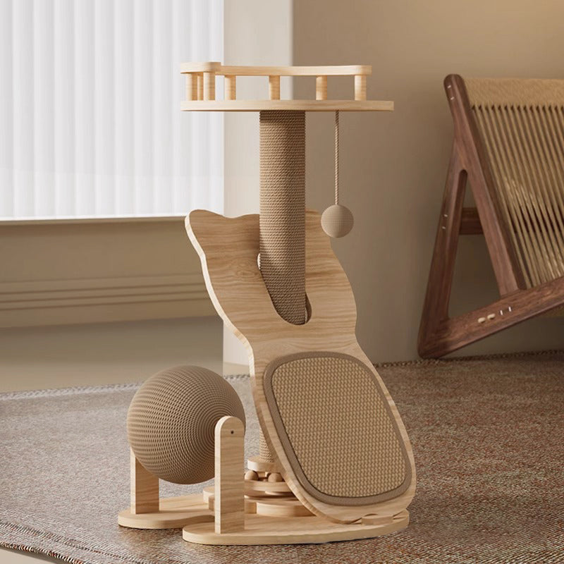 Contemporary Scandinavian Round Multi-Layer Solid Wood Panel Sisal Velvet Fabric Cat Tree For Living Room