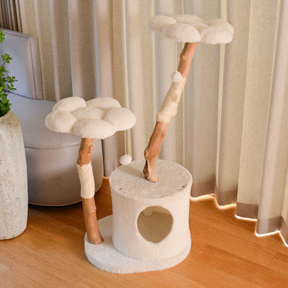 Contemporary Scandinavian Round Natural Fruit Wood Particle Board Velvet Fabric Sisal Cat Tree 3-Tier For Living Room