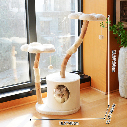 Contemporary Scandinavian Round Natural Fruit Wood Particle Board Velvet Fabric Sisal Cat Tree 3-Tier For Living Room