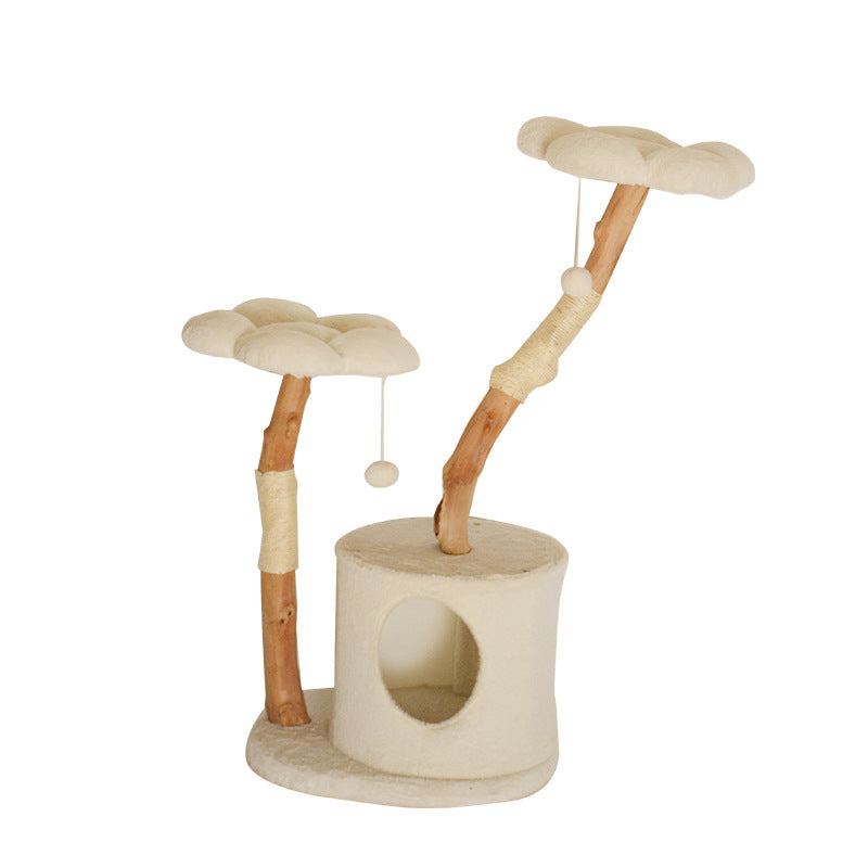 Contemporary Scandinavian Round Natural Fruit Wood Particle Board Velvet Fabric Sisal Cat Tree 3-Tier For Living Room