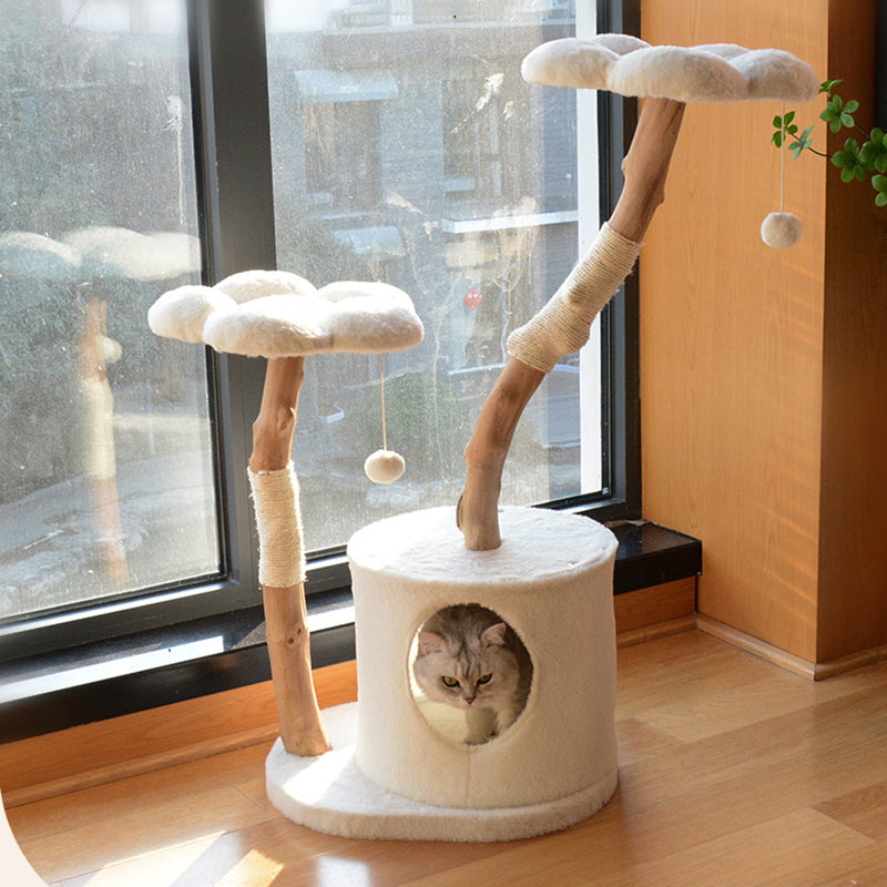 Contemporary Scandinavian Round Natural Fruit Wood Particle Board Velvet Fabric Sisal Cat Tree 3-Tier For Living Room
