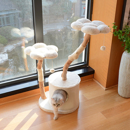 Contemporary Scandinavian Round Natural Fruit Wood Particle Board Velvet Fabric Sisal Cat Tree 3-Tier For Living Room