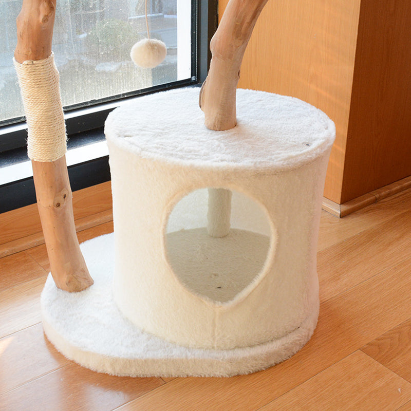 Contemporary Scandinavian Round Natural Fruit Wood Particle Board Velvet Fabric Sisal Cat Tree 3-Tier For Living Room
