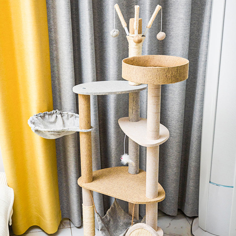 Contemporary Creative Round Particle Board Faux Linen Sisal Cat Tree 3/4-Tier For Living Room