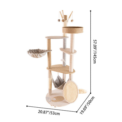 Contemporary Creative Round Particle Board Faux Linen Sisal Cat Tree 3/4-Tier For Living Room
