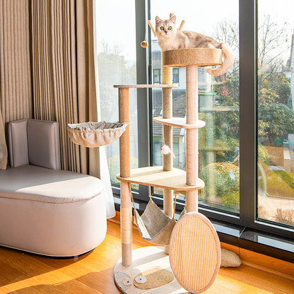 Contemporary Creative Round Particle Board Faux Linen Sisal Cat Tree 3/4-Tier For Living Room