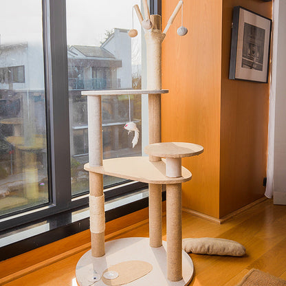 Contemporary Creative Round Particle Board Faux Linen Sisal Cat Tree 3/4-Tier For Living Room