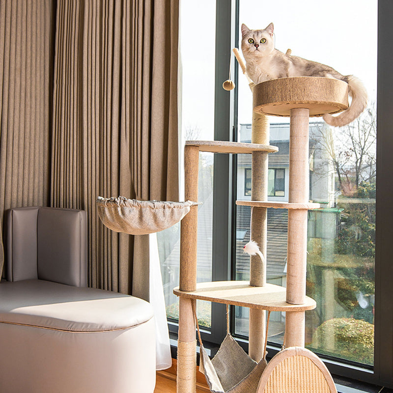 Contemporary Creative Round Particle Board Faux Linen Sisal Cat Tree 3/4-Tier For Living Room