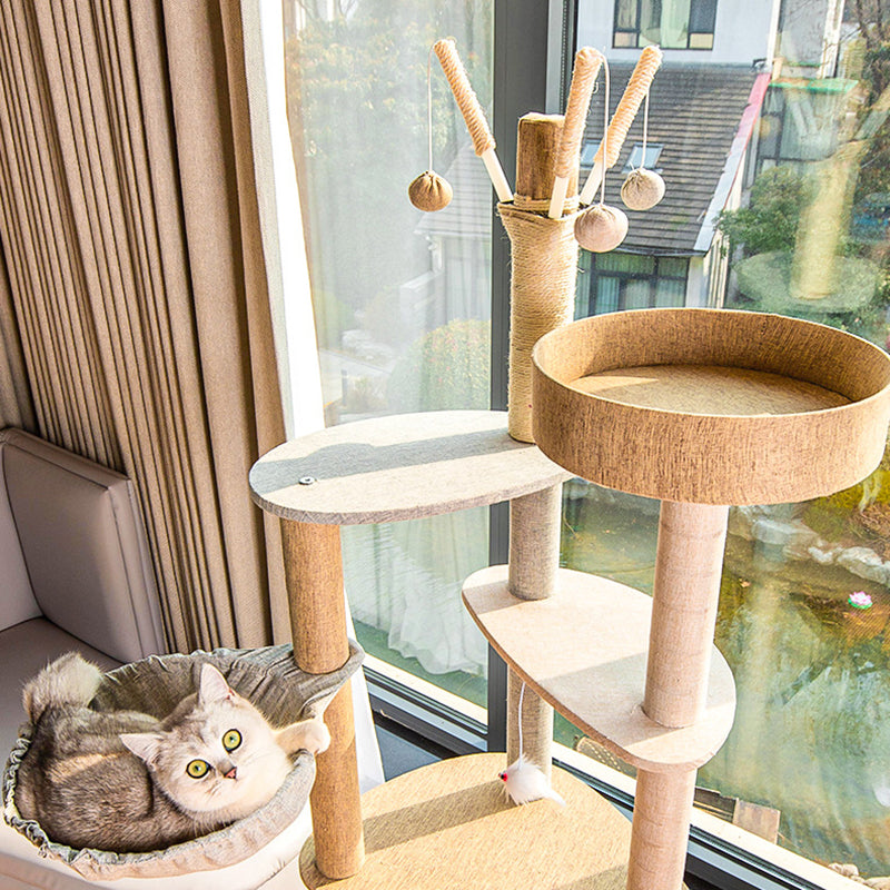 Contemporary Creative Round Particle Board Faux Linen Sisal Cat Tree 3/4-Tier For Living Room
